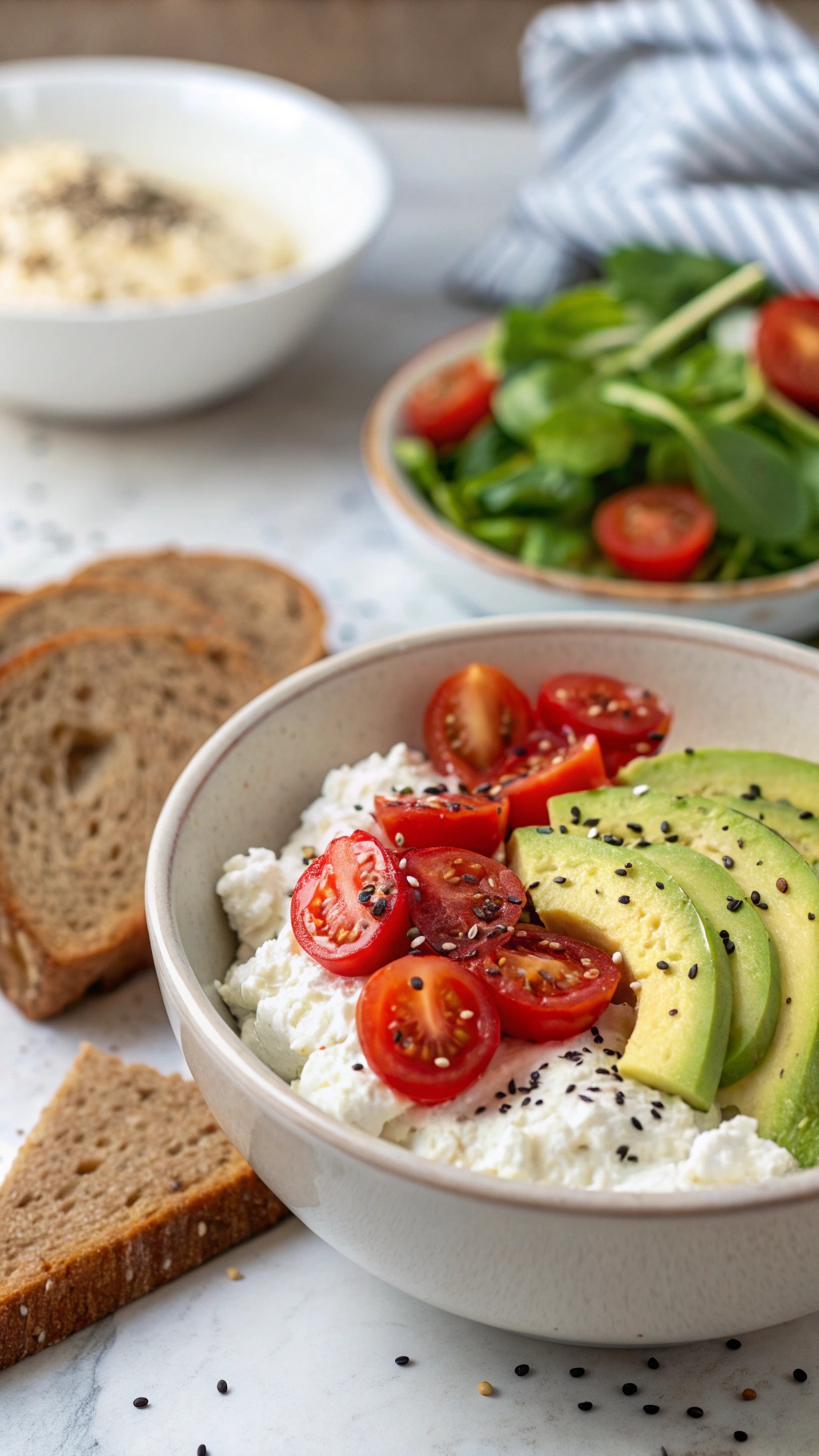 A savory bowl of cottage cheese topped with avocado slices and cherry tomatoes, served with whole-grain bread on the side.