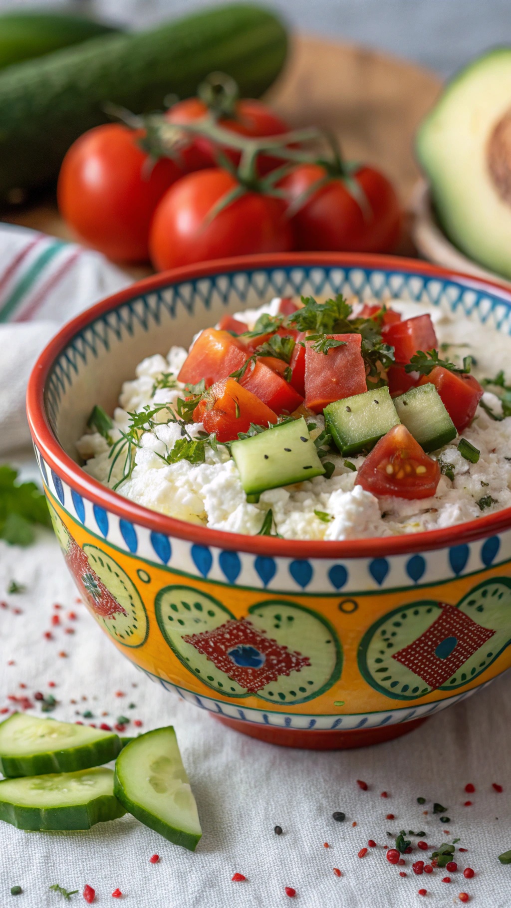A colorful bowl of cottage cheese topped with diced tomatoes, cucumbers, and fresh herbs, surrounded by fresh vegetables.