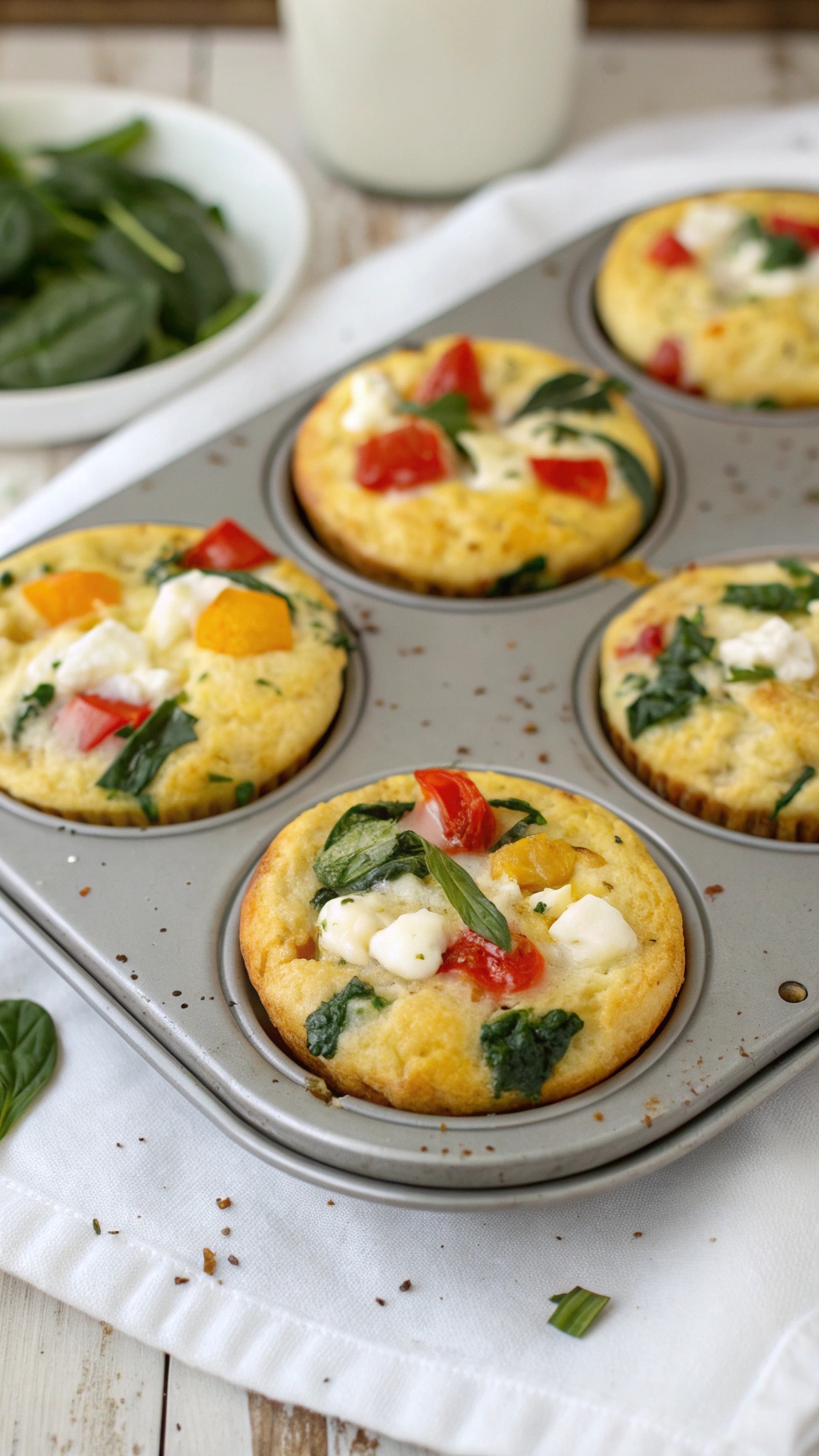 Savory egg muffins with spinach and feta in a muffin tin