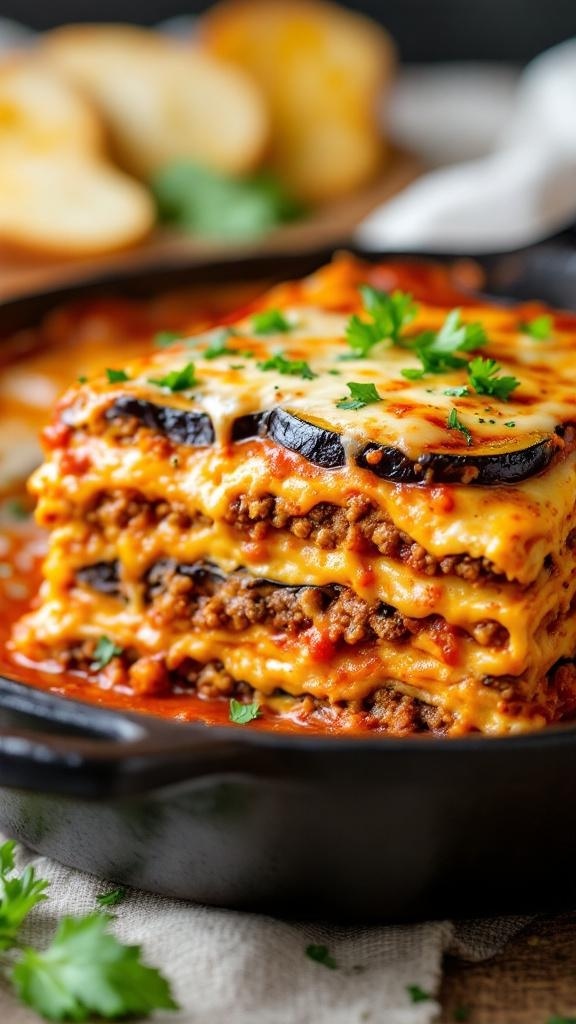 A delicious serving of eggplant lasagna with layers of cheese and sauce, garnished with fresh herbs.