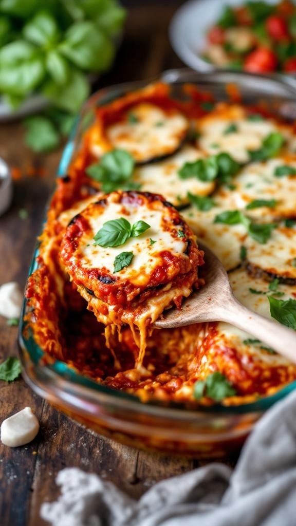 A delicious eggplant parmesan bake with layers of eggplant, marinara sauce, and cheese, garnished with fresh basil.