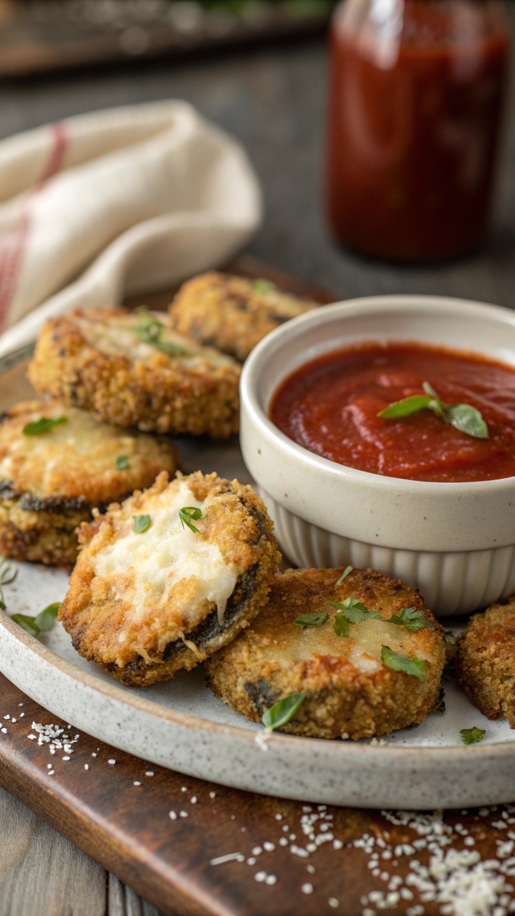 Plate of eggplant parmesan bites with marinara sauce