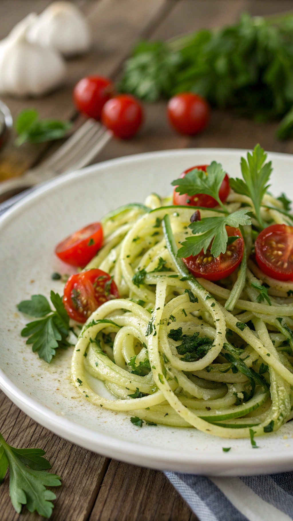 A plate of zucchini noodles with cherry tomatoes and fresh herbs