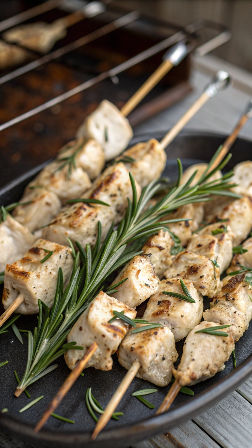 Grilled chicken skewers with garlic and rosemary on a platter
