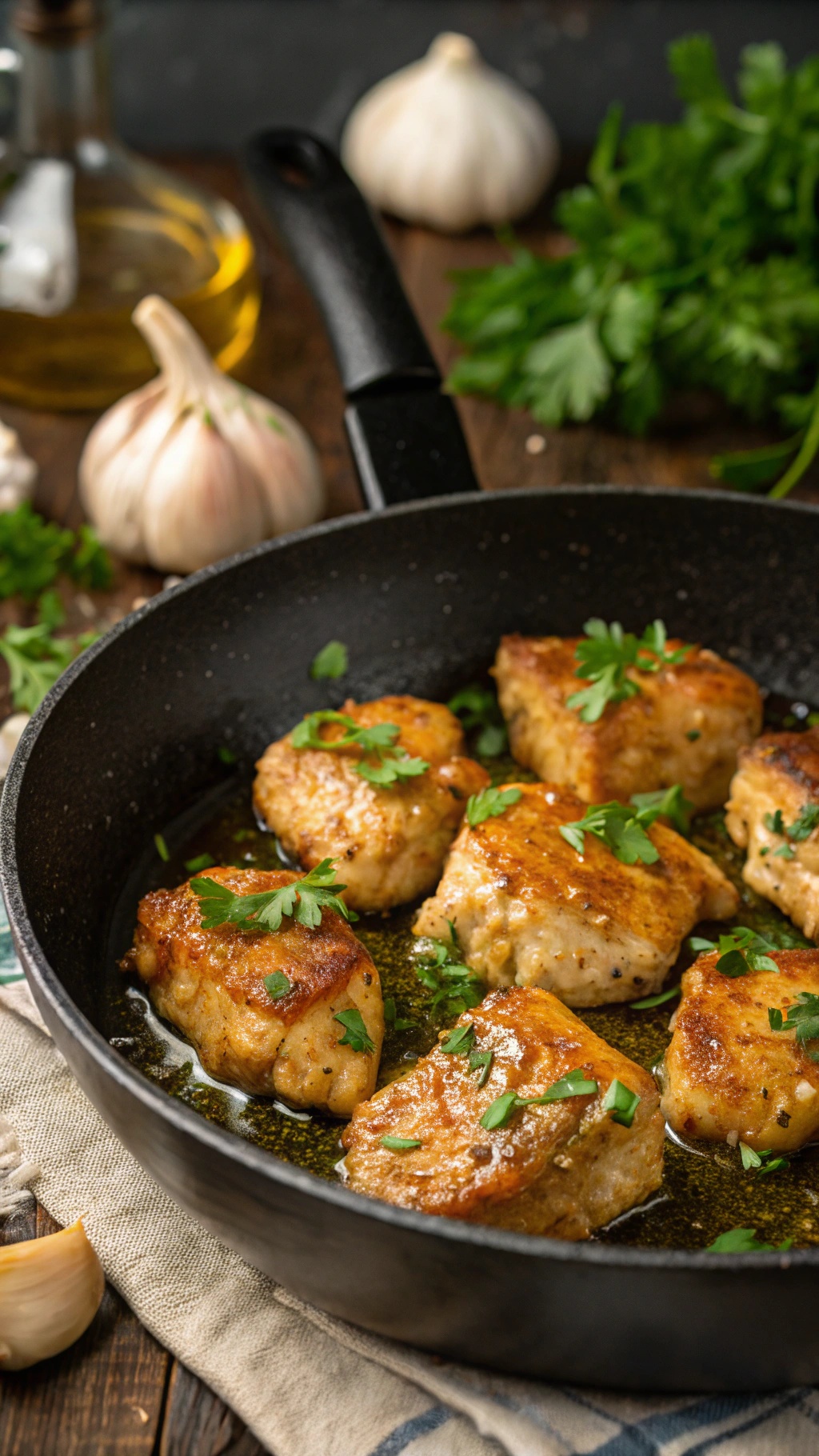A skillet with golden-brown garlic butter chicken bites garnished with parsley, surrounded by garlic cloves and fresh herbs.