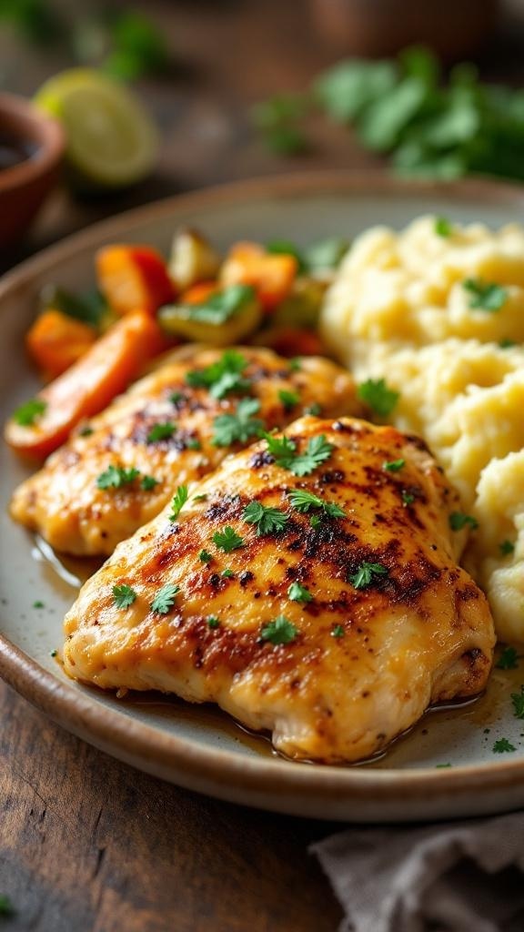 Garlic butter chicken thighs served with mashed potatoes and roasted vegetables