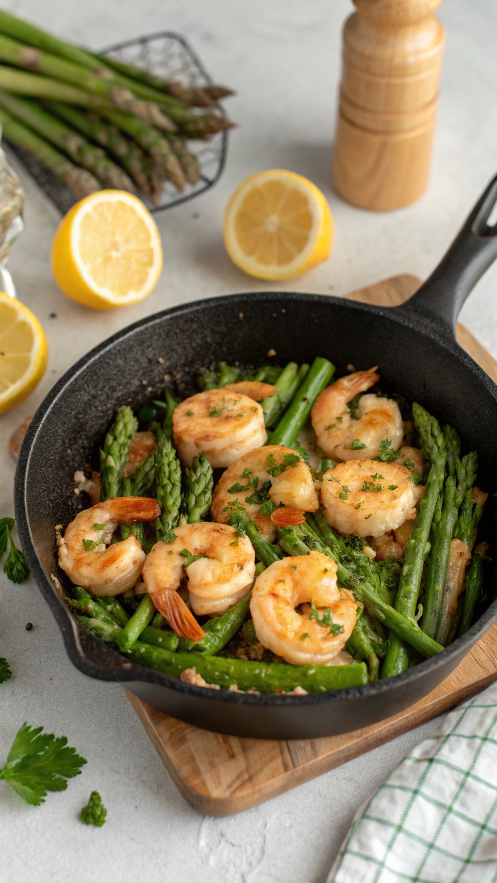 A skillet with garlic butter shrimp and asparagus, garnished with parsley and lemon slices.