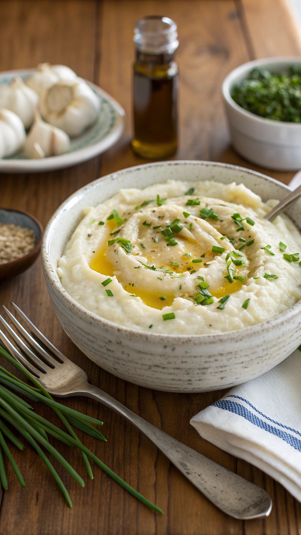 A bowl of creamy garlic mashed cauliflower topped with olive oil and chives, with garlic cloves and olive oil in the background.