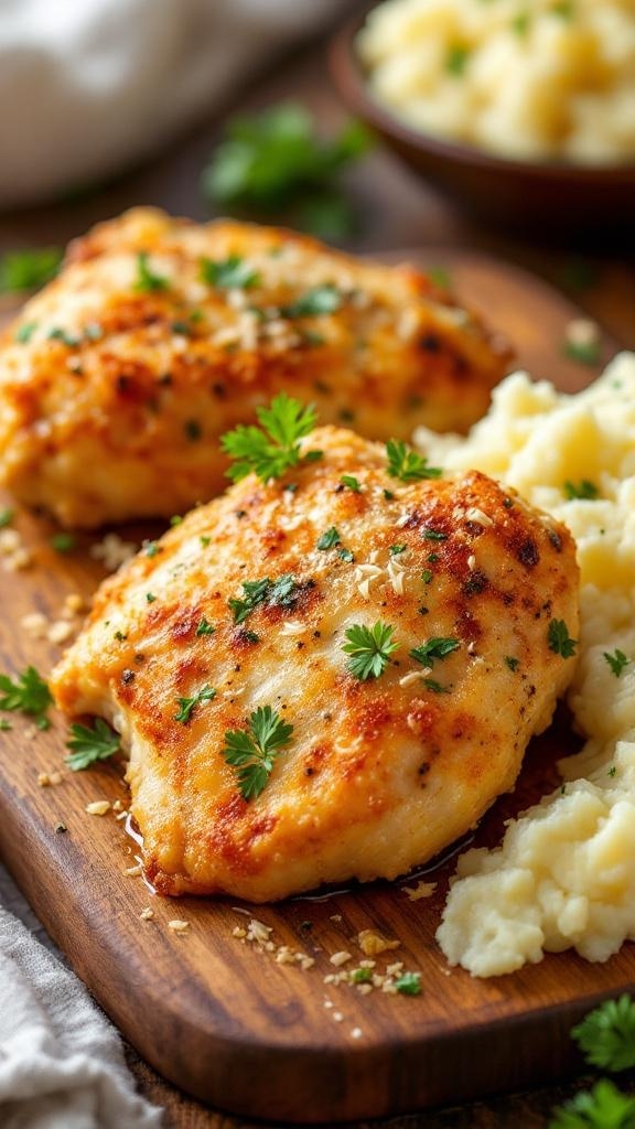 Savory Garlic Parmesan Chicken Thighs served with mashed potatoes