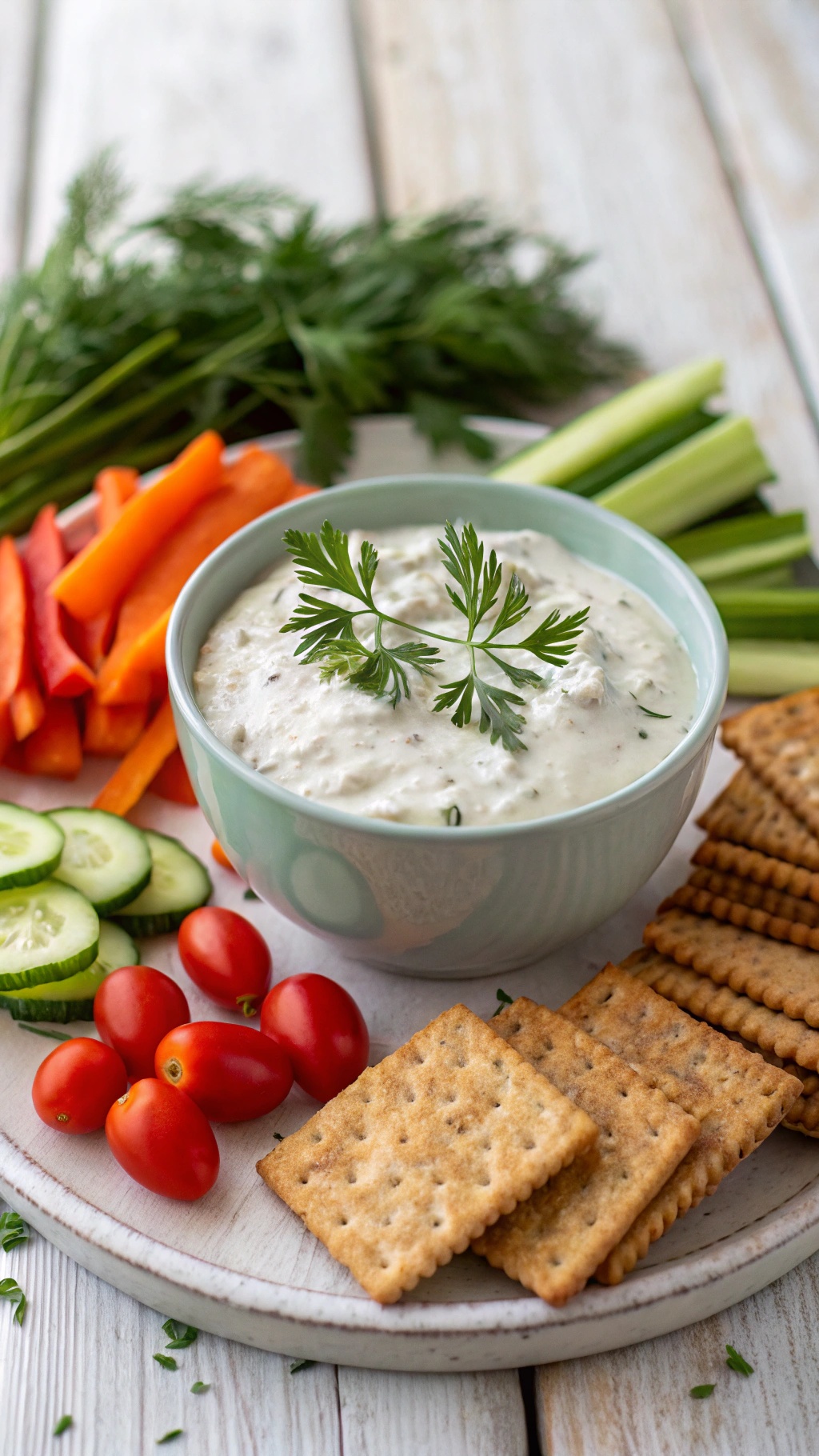 A bowl of savory Greek yogurt dip surrounded by fresh vegetables and crackers
