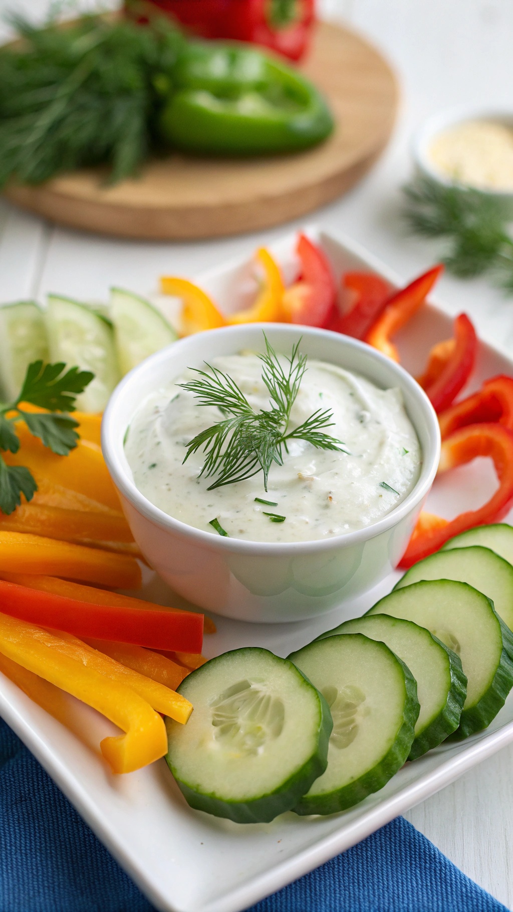 A bowl of Greek yogurt dip surrounded by colorful sliced vegetables.