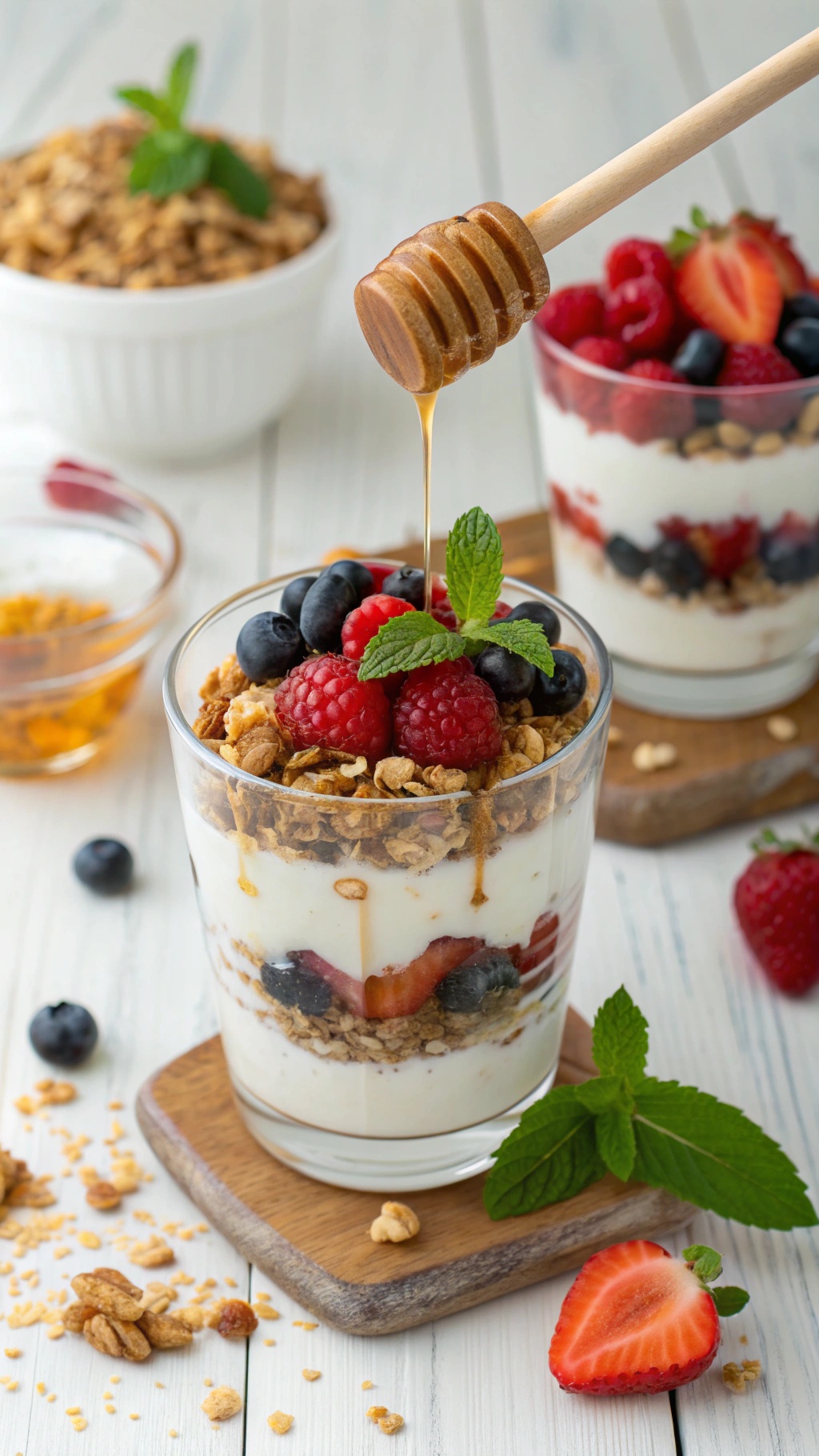 A delicious Greek yogurt parfait with layers of yogurt, berries, granola, and a drizzle of honey.