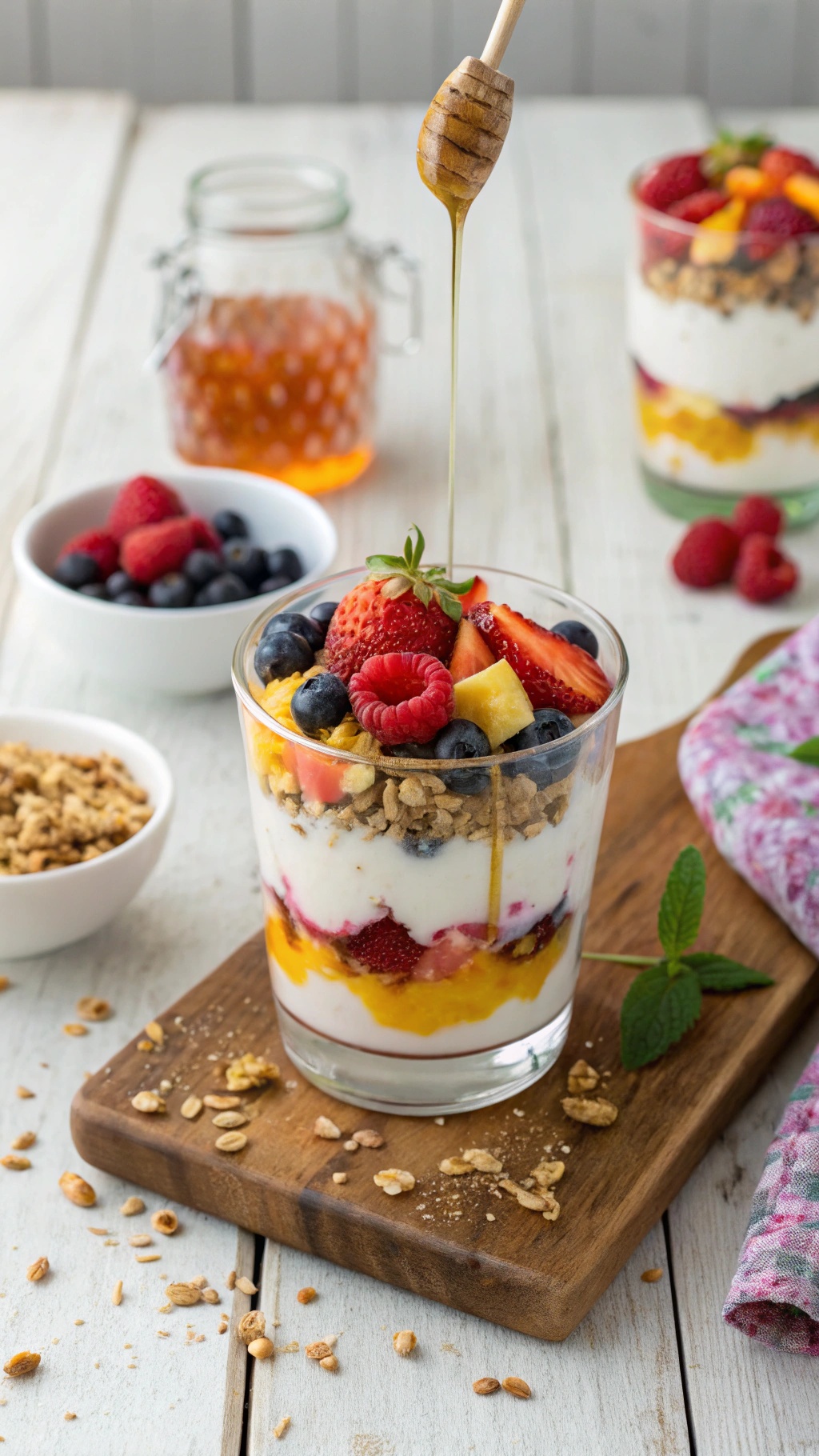 A colorful Greek yogurt parfait with layers of yogurt, mixed berries, and granola, drizzled with honey.