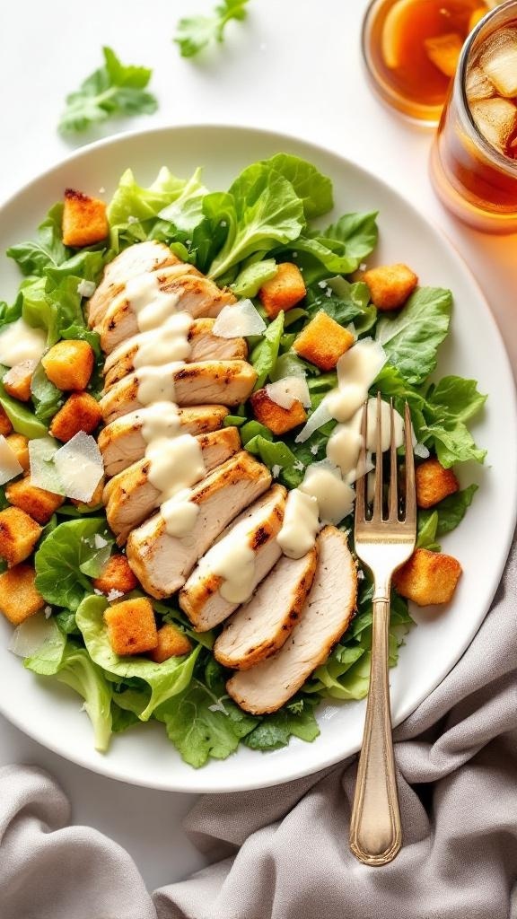 A delicious grilled chicken Caesar salad with greens, croutons, and dressing.