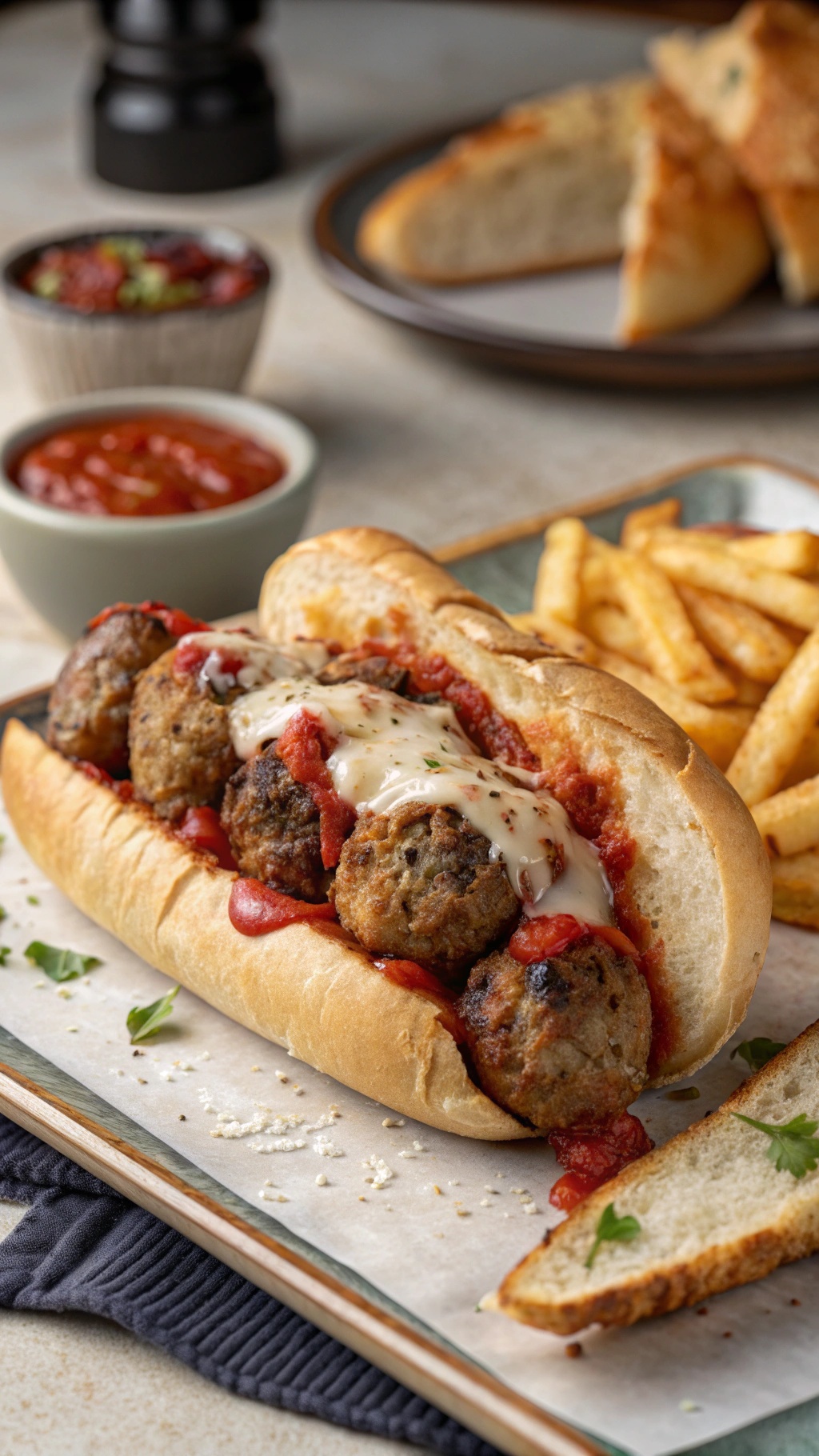 A delicious meatball sub with marinara sauce and melted cheese, served with fries.
