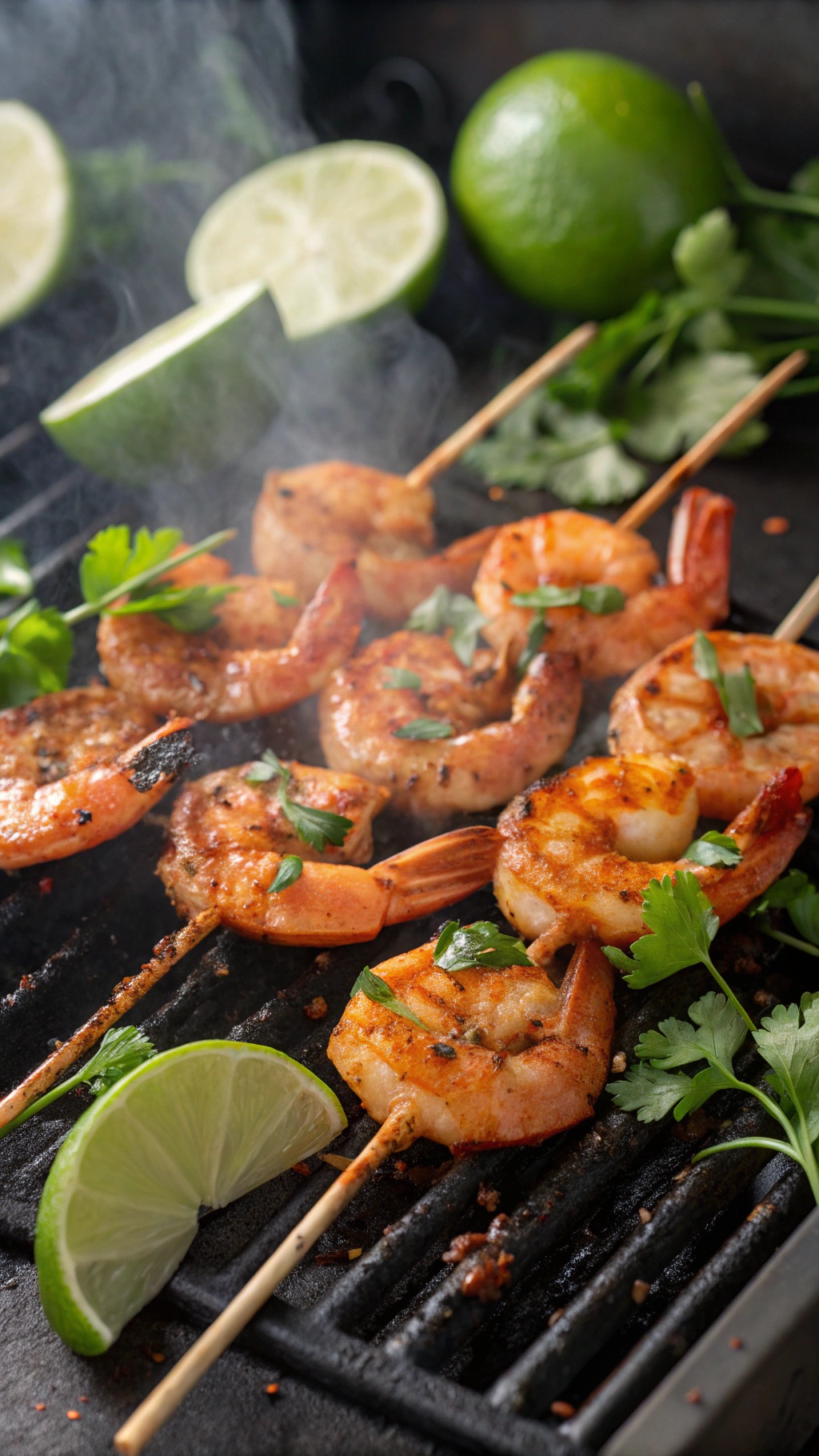 Grilled shrimp skewers with lime and herbs on a grill