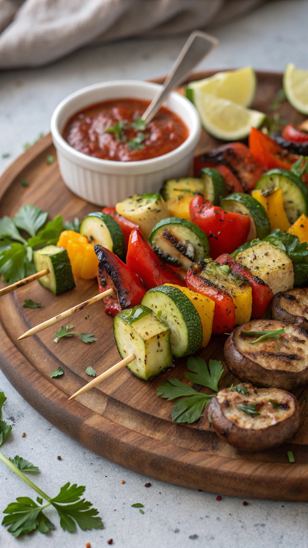 Colorful grilled vegetable skewers on a wooden platter with dipping sauce and lime wedges