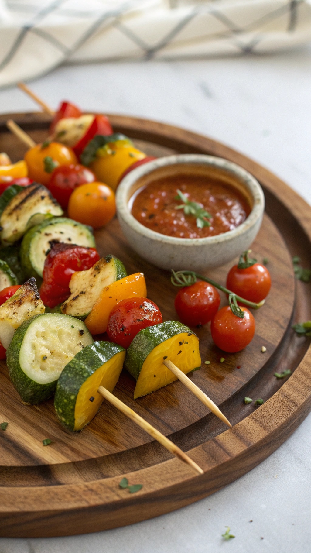 Colorful grilled vegetable skewers with zucchini, bell peppers, and cherry tomatoes served with a dipping sauce.