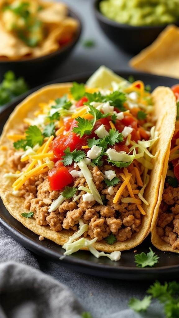 Ground turkey tacos topped with lettuce, tomatoes, cheese, and cilantro on a black plate.
