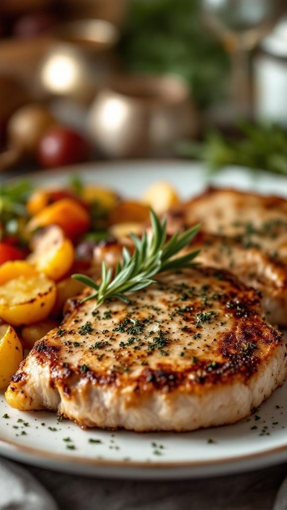 Herb-crusted pork chops served with colorful seasonal vegetables on a plate.