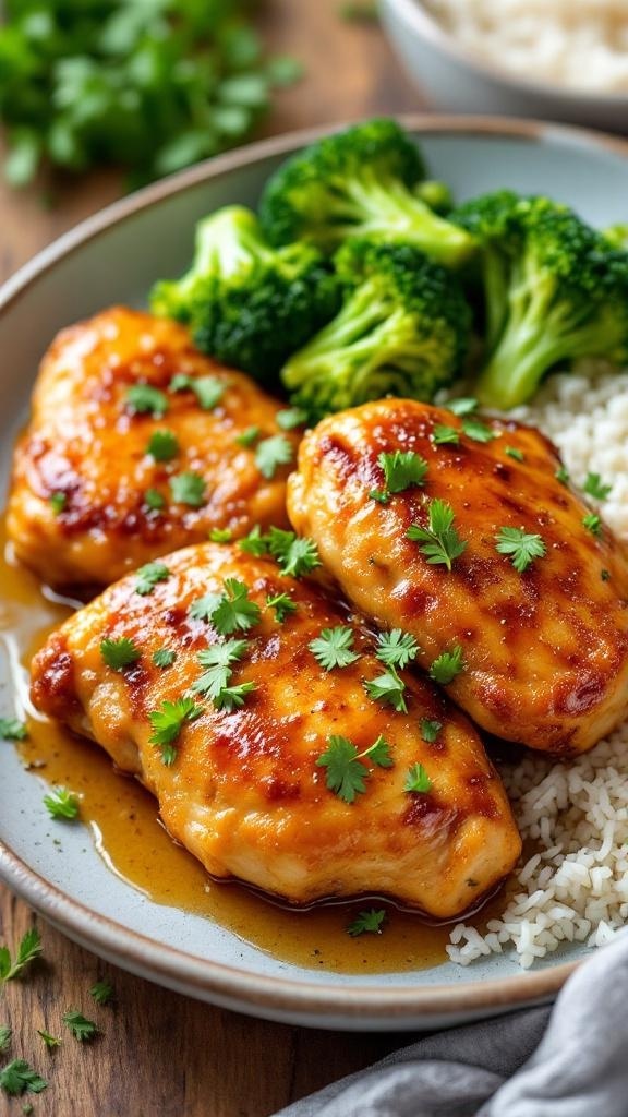 A plate of honey garlic chicken thighs served with rice and broccoli, garnished with fresh herbs.