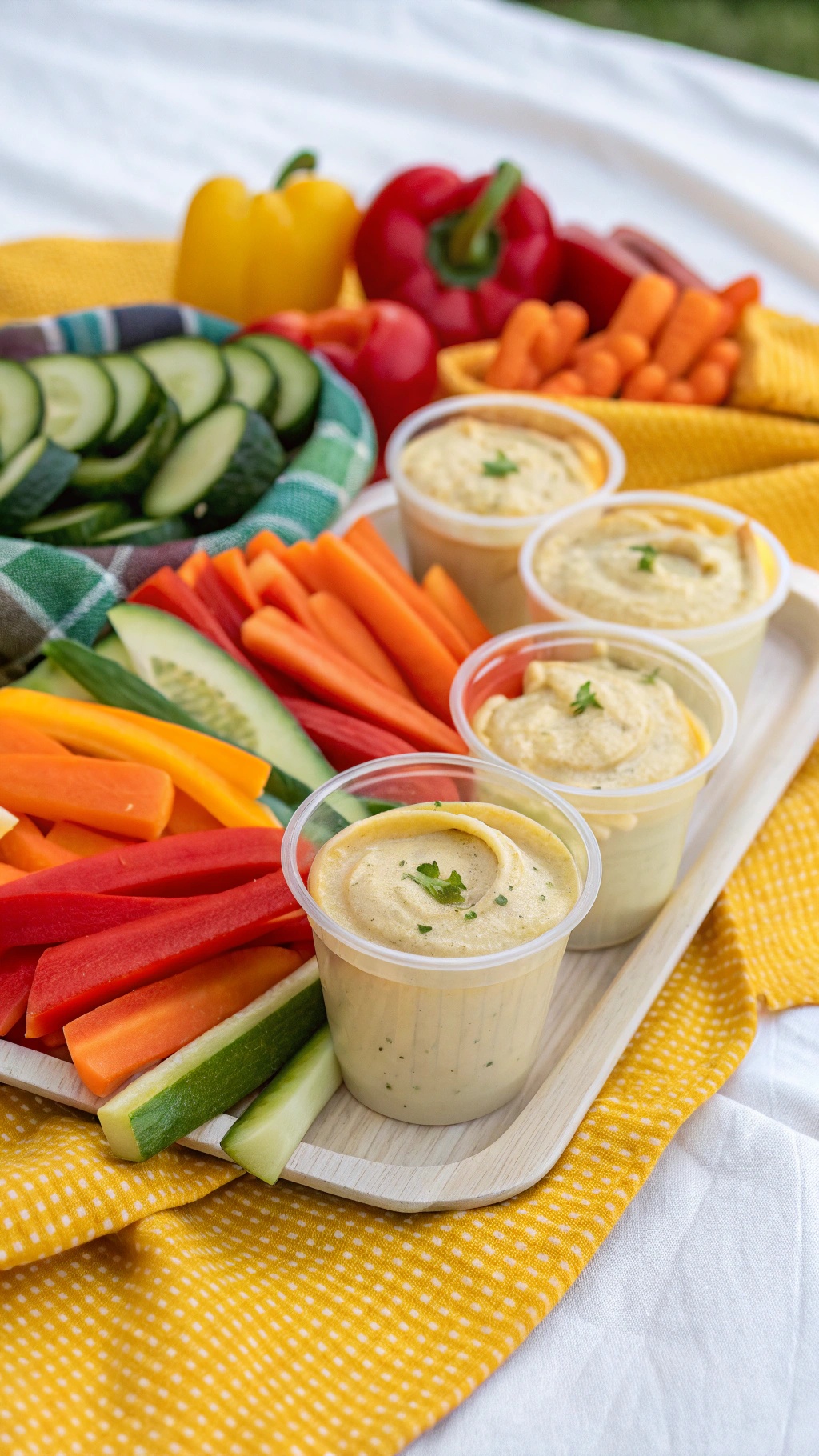 Colorful veggie sticks arranged with hummus cups on a tray
