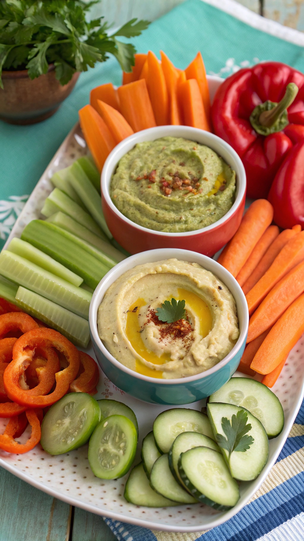 A colorful platter with three types of hummus and assorted fresh vegetables for dipping.