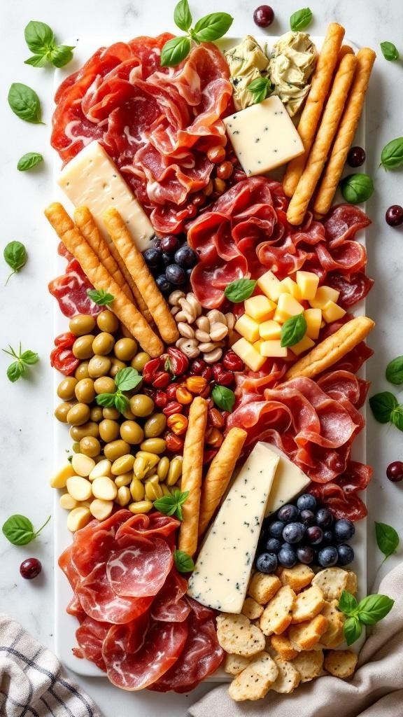 A beautifully arranged Italian charcuterie board with meats, cheeses, olives, and breadsticks.