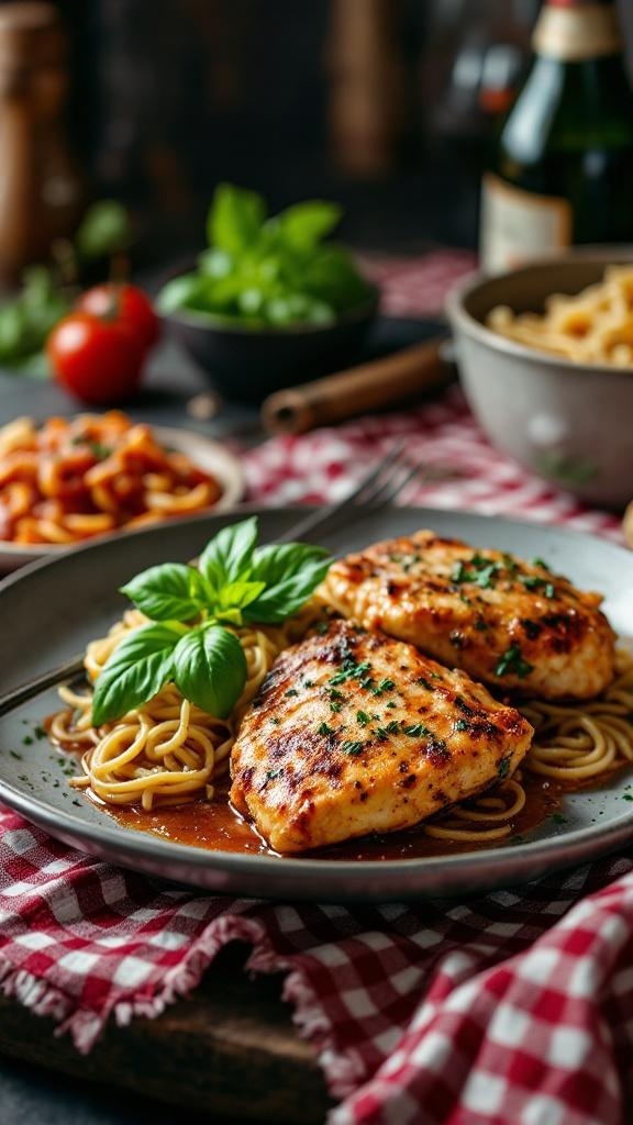 Plate of savory Italian herb chicken thighs served with pasta and garnished with basil.