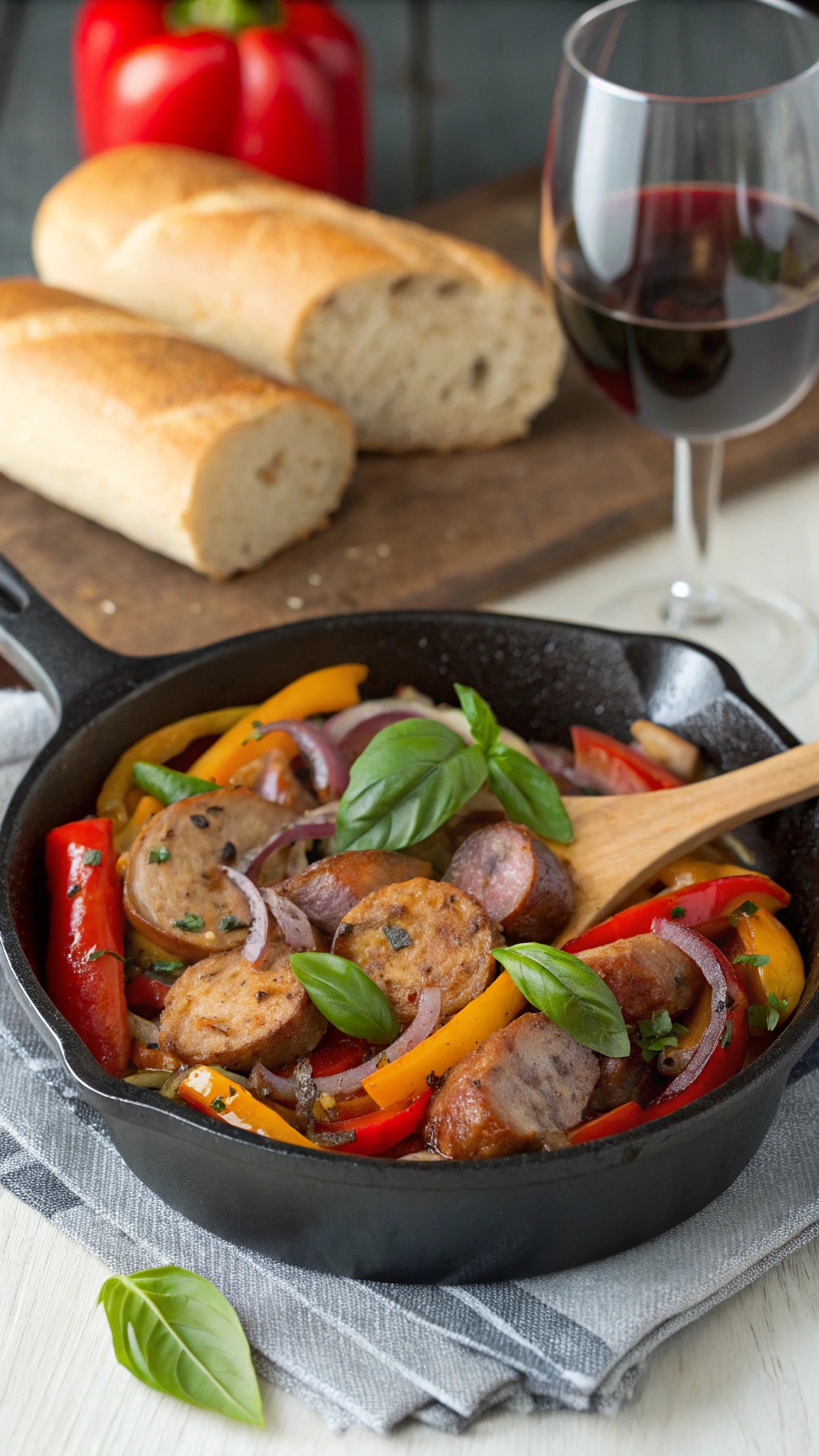 A skillet filled with Italian sausage and colorful bell peppers, accompanied by bread and a glass of red wine.