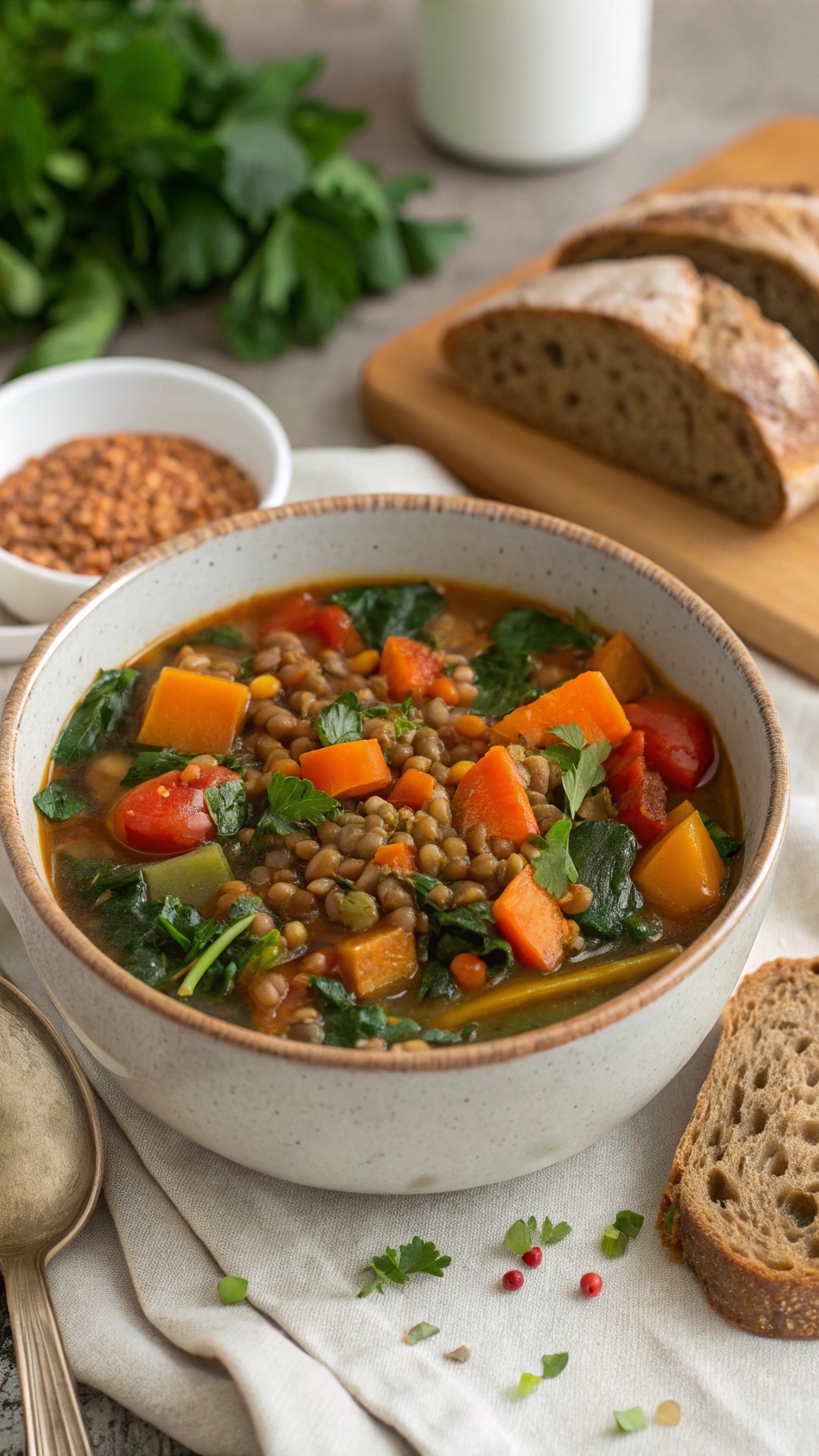 A bowl of lentil and spinach stew with colorful vegetables and a slice of bread on the side.