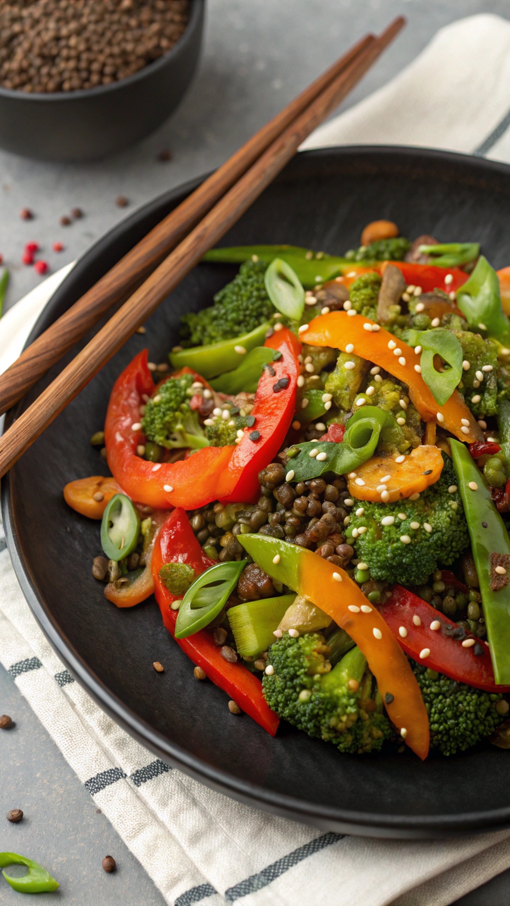 A colorful lentil and vegetable stir-fry with red and yellow bell peppers, broccoli, and snap peas, garnished with green onions and sesame seeds.