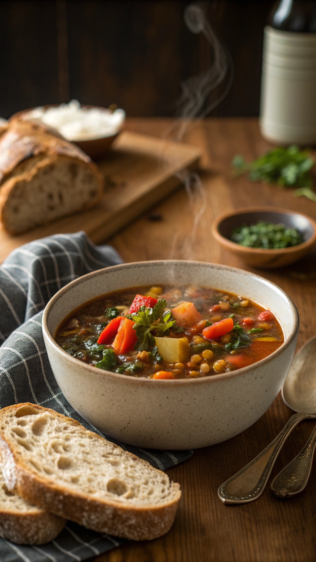 A bowl of steaming lentil soup with colorful vegetables, served with slices of bread.