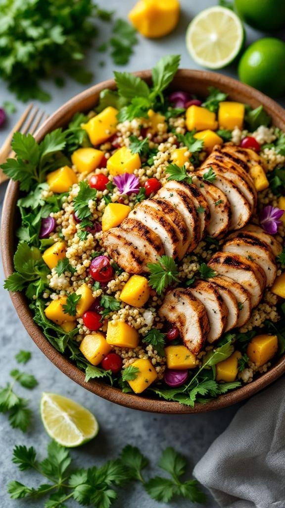 A colorful bowl of Savory Mango Quinoa Salad with grilled chicken, mango chunks, cherry tomatoes, and fresh herbs.