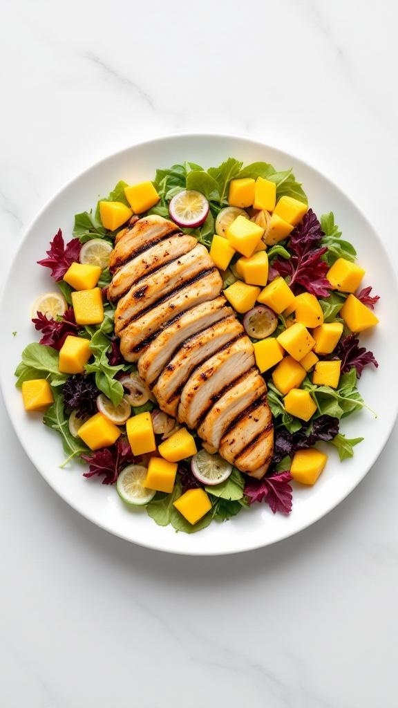 A vibrant mango salad with grilled chicken, featuring mixed greens, diced mangoes, and lime slices.