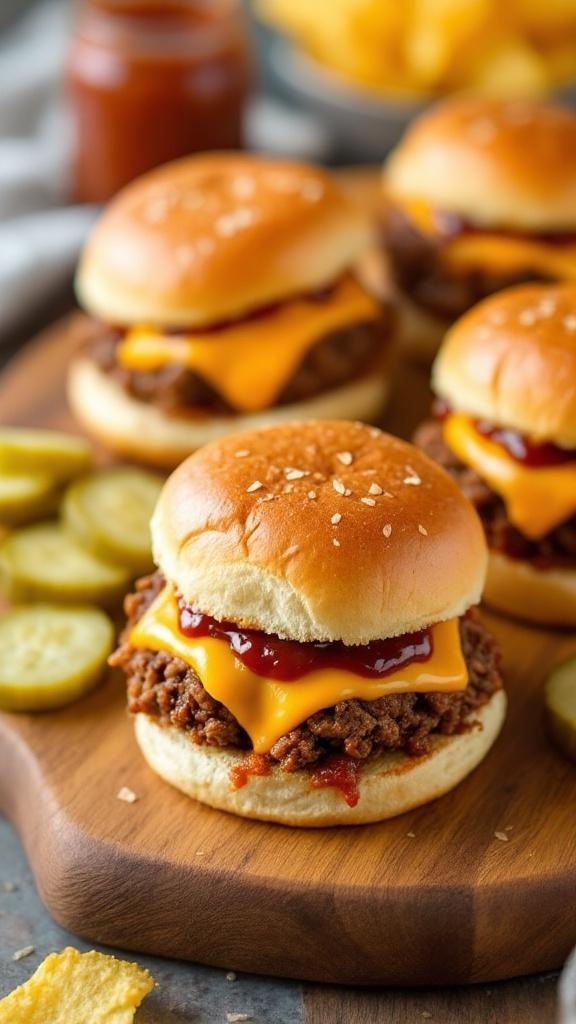 Savory meatloaf sliders with cheddar cheese and condiments on a wooden board