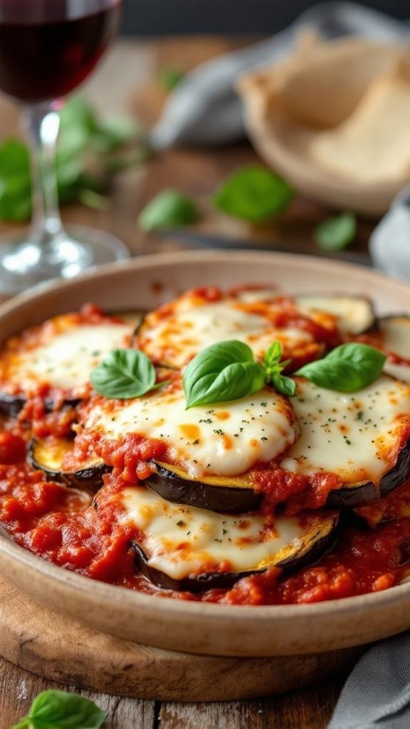 A plate of baked eggplant parmesan with marinara sauce and melted cheese, garnished with fresh basil.