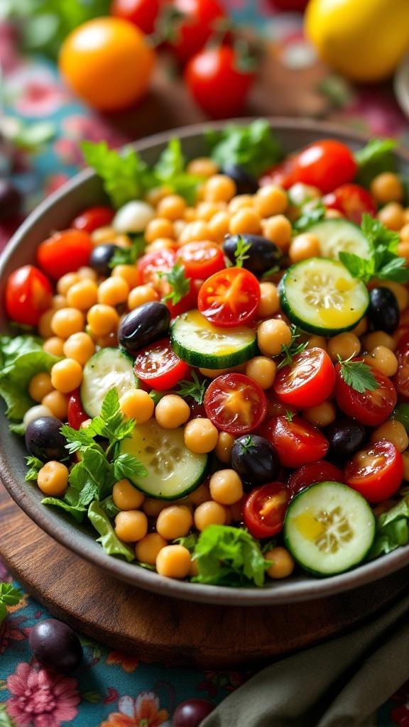 A colorful Mediterranean chickpea salad with cherry tomatoes, cucumbers, olives, and fresh herbs.
