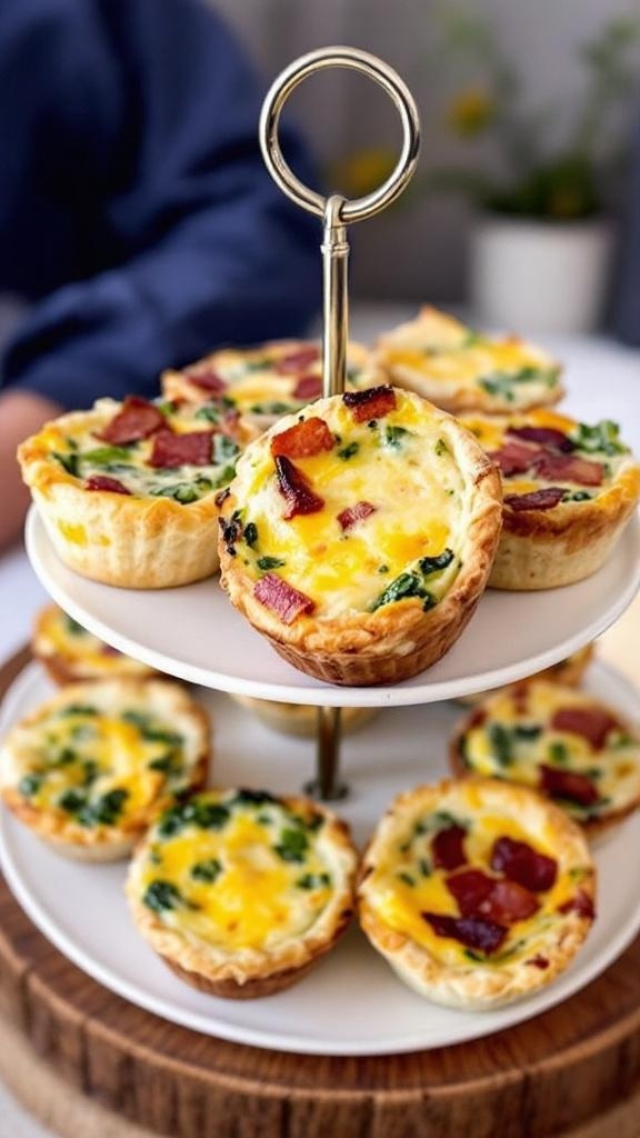 A tiered stand filled with mini quiches featuring various fillings like spinach and bacon.