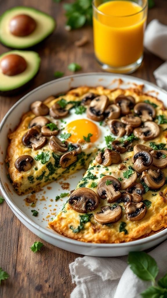 Savory Mushroom and Spinach Breakfast Bake with avocado and orange juice