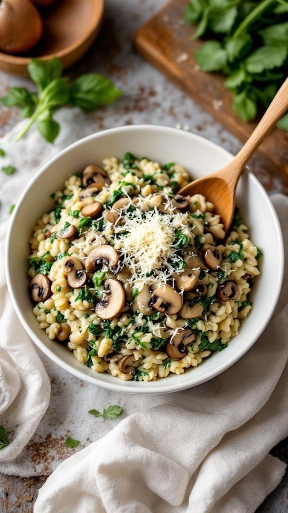 A bowl of mushroom and spinach risotto topped with grated cheese, surrounded by fresh ingredients.