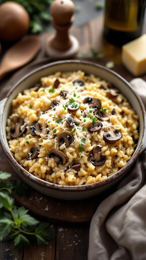 A bowl of creamy mushroom risotto topped with sautéed mushrooms and parsley.