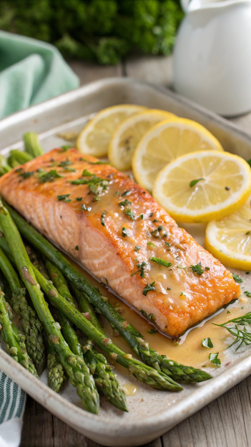 A delicious one-pan lemon butter salmon with asparagus, garnished with lemon slices.