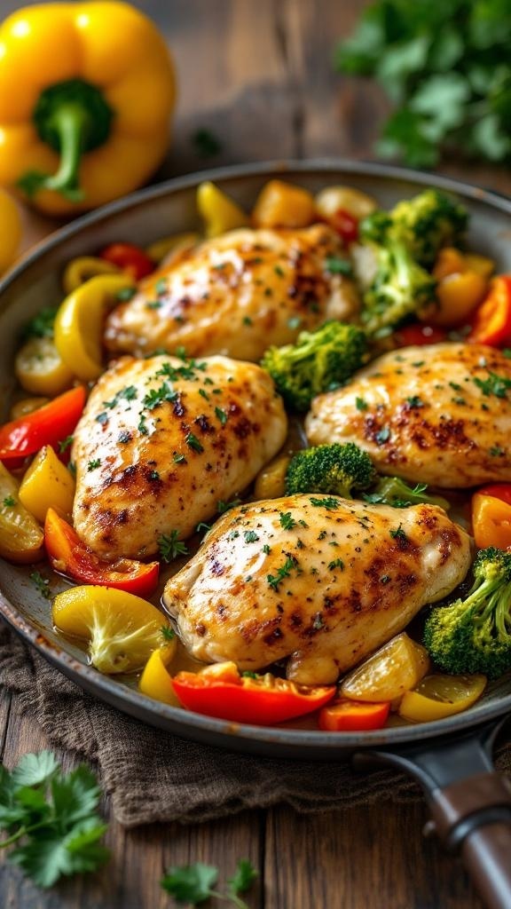 A delicious one-pan lemon garlic chicken dish with colorful vegetables.