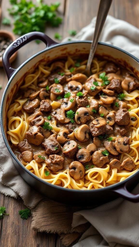 A pot of beef stroganoff with egg noodles, mushrooms, and parsley on a wooden table.