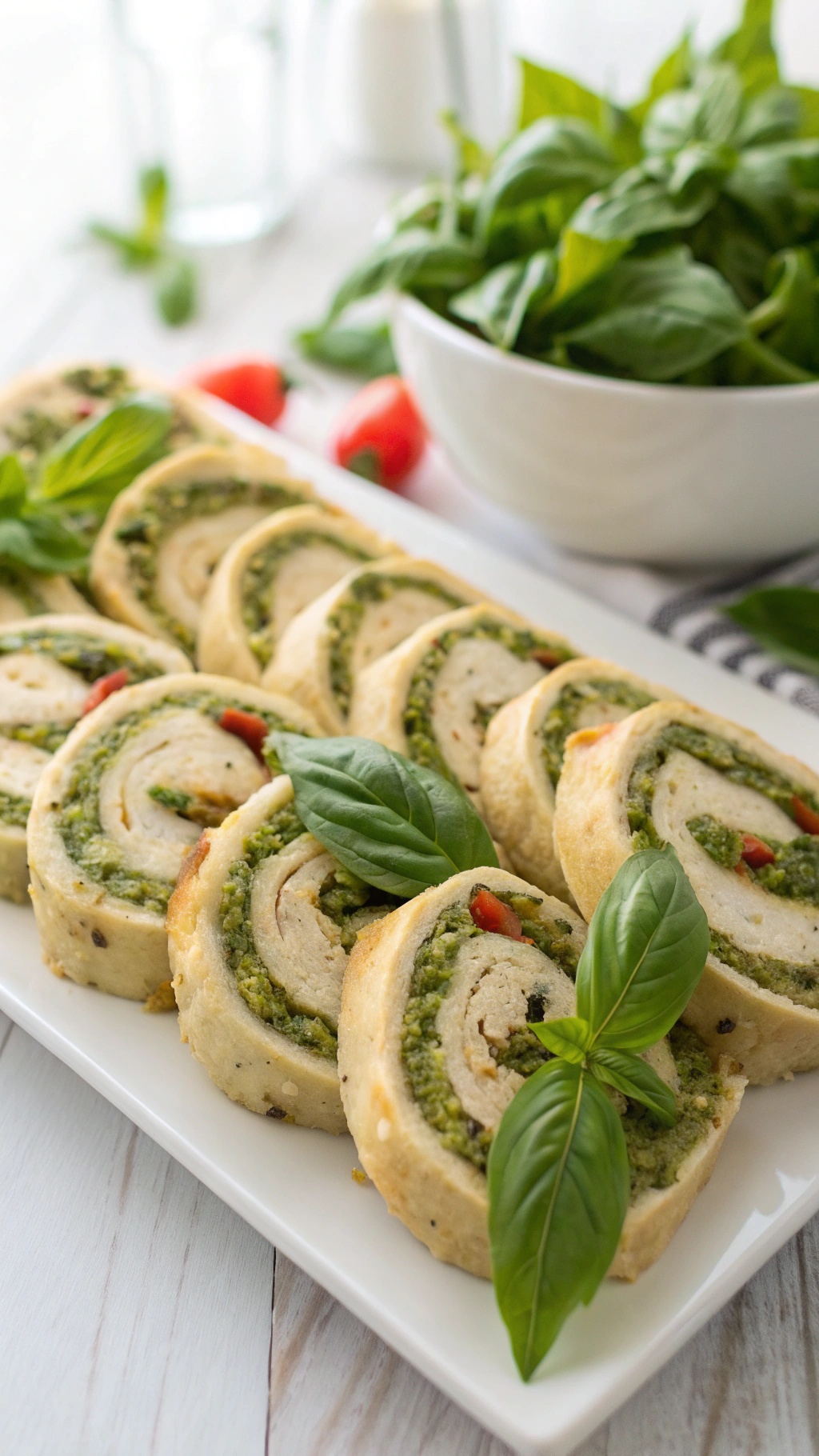 Savory pesto chicken pinwheels arranged on a platter with fresh basil leaves