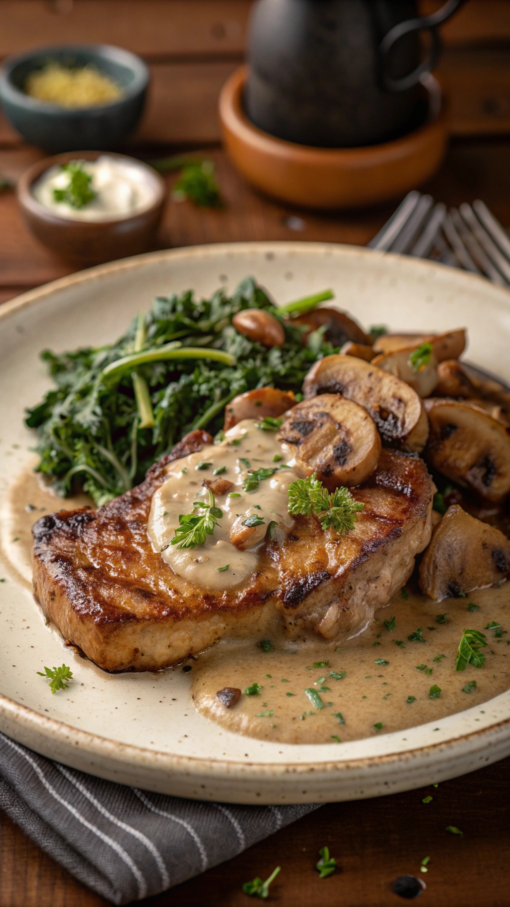 Savory pork chops with mushroom cream sauce and greens on a plate