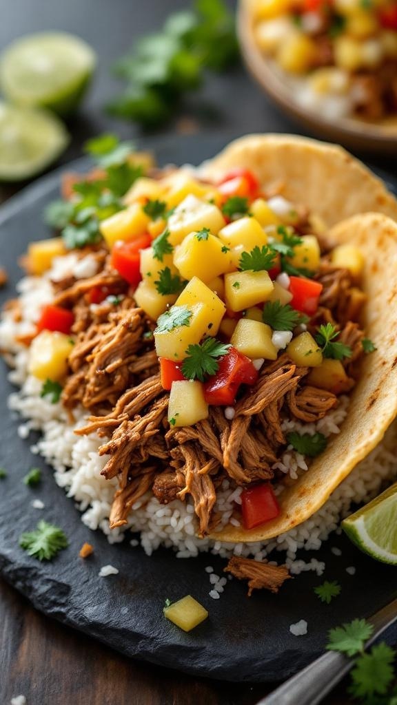 Savory pork taco bowl with pineapple salsa on a black plate, garnished with cilantro and lime.