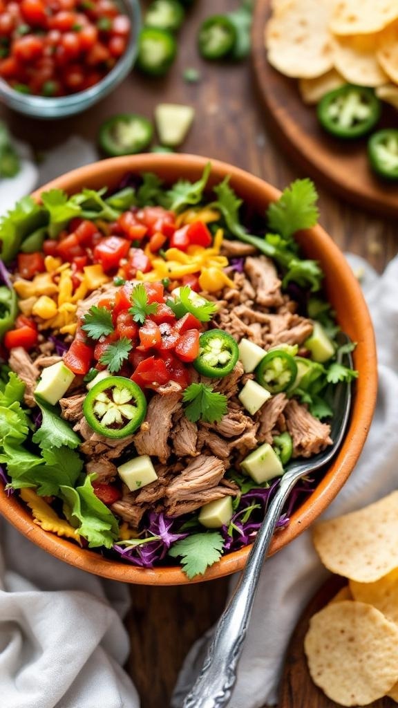 A colorful pork taco salad with fresh ingredients and homemade salsa