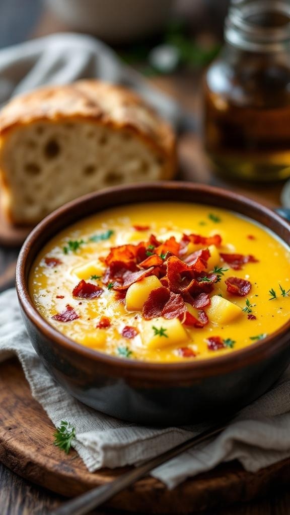 A bowl of savory potato and bacon soup garnished with crispy bacon and herbs, alongside a slice of bread.